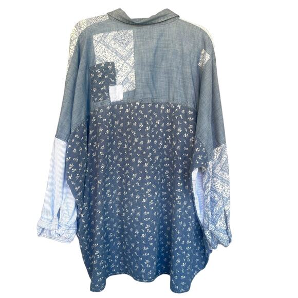 American Eagle Shirt Womens Large Blue Patchwork Button Down Linen Blend Boho - Picture 2 of 8